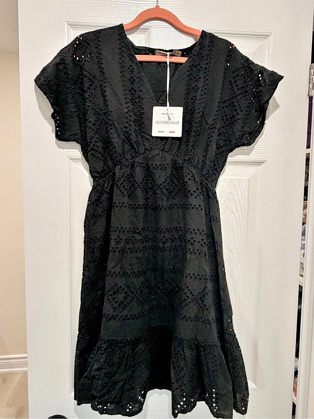 Valentina Naldi Black Eyelet Short Sleeve V-Neck Dress V-Neck Mini Dress